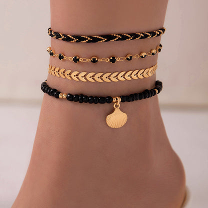 Rice Bead String Woven Rope Shell Four Layer Ankle Chain