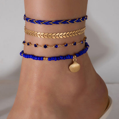 Rice Bead String Woven Rope Shell Four Layer Ankle Chain