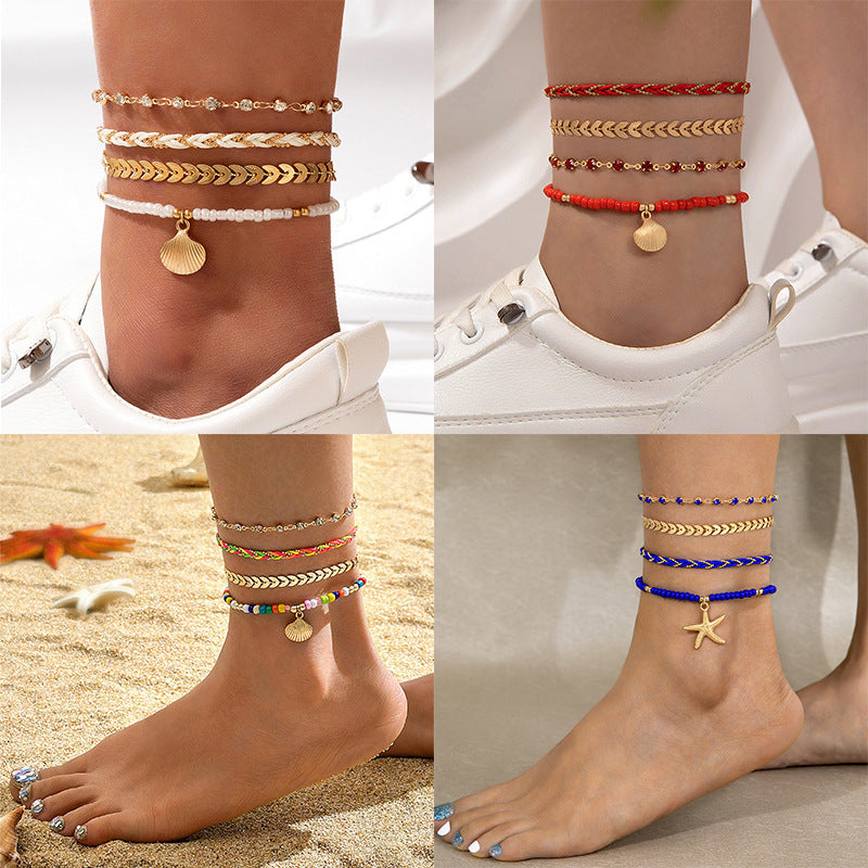 Rice Bead String Woven Rope Shell Four Layer Ankle Chain